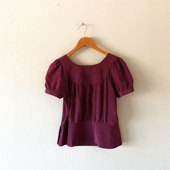 Fossil burgundy polka dot 100% silk blouse faux crystal button detail size M - Picture 4 of 6